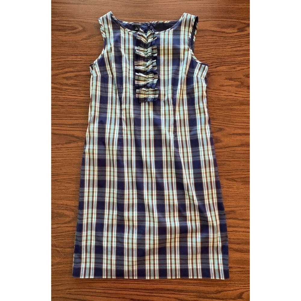 Talbots Sheath Dress Size 8 Blue Green Plaid Ruffle Front Sleeveless Cotton EUC